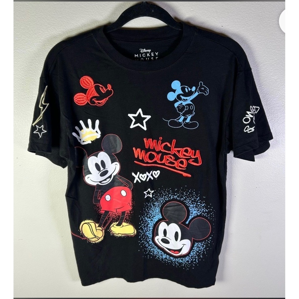 Disney Mickey Mouse Black Graphic Tee Puff Print Stars XS 0-2